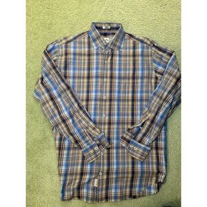 Men's Peter Millar blue and orange plaid cotton button down shirt size L